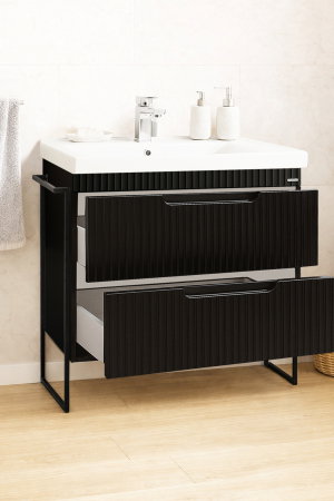Mobilier Baie - Set Baza front MDF si Lavoar seria 733, cadru metalic, cu sertare, montata, 80 cm, negru