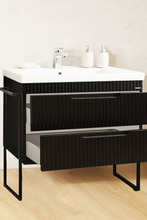 Mobilier Baie - Set Baza front MDF si Lavoar seria 733, cadru metalic, sertare, montata, 80 cm, negru