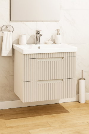 Mobilier Baie - Set Baza front MDF si Lavoar seria 733, suspendata, cu sertare, montat, 60 cm, crem