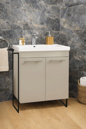 Mobilier Baie - Set Baza front MDF si Lavoar seria 754, cadru metalic, montata, 60 cm, taupe