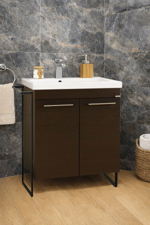 Mobilier Baie - Set Baza front MDF si Lavoar seria 754, cadru metalic, montata, 60 cm, wenge