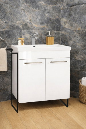 Mobilier Baie - Set Baza front MDF si Lavoar seria 754, cadru metalic, montata, 65 cm, alb