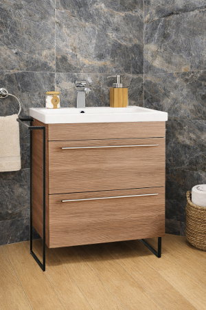 Baza cu Lavoar - Set Baza front MDF si Lavoar seria 754, cadru metalic, sertare, montata, 60 cm, bambus