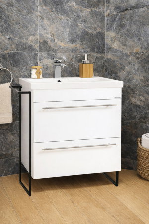 Mobilier Baie - Set Baza front MDF si Lavoar seria 754, cadru metalic, sertare, montata, 65 cm, alb
