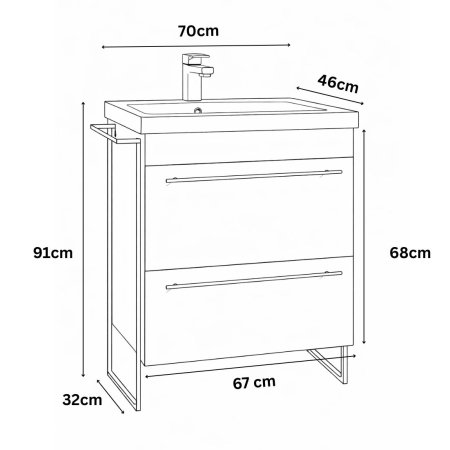 Baza cu Lavoar - Set Baza front MDF si Lavoar seria 754, cadru metalic, sertare, montata, 70 cm, alb