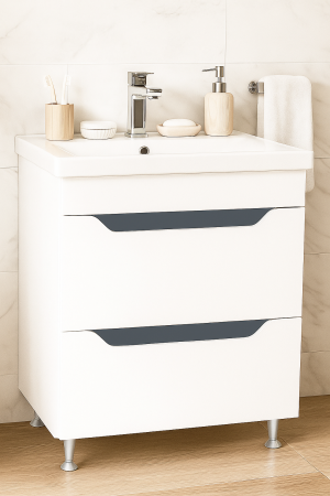 Baza cu Lavoar - Set Baza front MDF si Lavoar seria 756, cu sertare, montat, 70 cm, alb + antracit