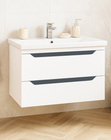 Baza cu Lavoar - Set Baza front MDF si Lavoar seria 756, suspendata, cu sertare, montat, 80 cm, alb + antracit