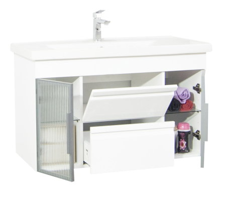 Baza cu Lavoar - Set Baza front MDF si Lavoar seria 758, cu sertare, cadru metalic, montat, 100 cm, alb