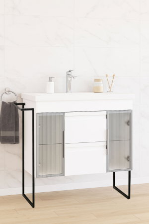 Baza cu Lavoar - Set Baza front MDF si Lavoar seria 758, cu sertare, cadru metalic, montat, 100 cm, alb