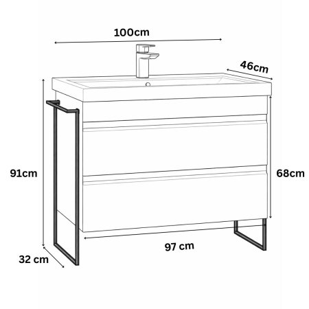Baza cu Lavoar - Set Baza front MDF si Lavoar seria 786, cadru metalic, cu sertare, montata, 100 cm, alb
