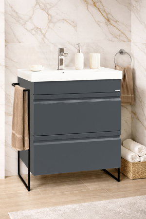 Mobilier Baie - Set Baza front MDF si Lavoar seria 786, cadru metalic, cu sertare, montata, 60 cm, antracit