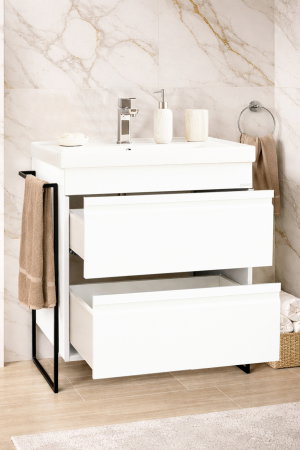 Mobilier Baie - Set Baza front MDF si Lavoar seria 786, cadru metalic, cu sertare, montata, 65 cm, alb