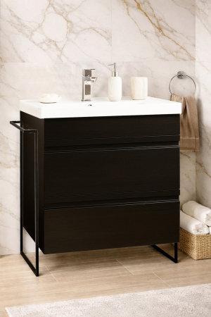 Baza cu Lavoar - Set Baza front MDF si Lavoar seria 786, cadru metalic, cu sertare, montata, 70 cm, negru
