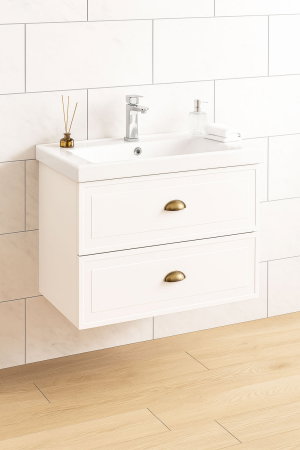 Mobilier Baie - Set Baza front MDF si Lavoar seria 796, cu sertare, cadru metalic, montat, 60 cm, alb rustic