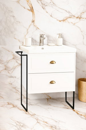 Mobilier Baie - Set Baza front MDF si Lavoar seria 796, cu sertare, cadru metalic, montat, 60 cm, alb rustic