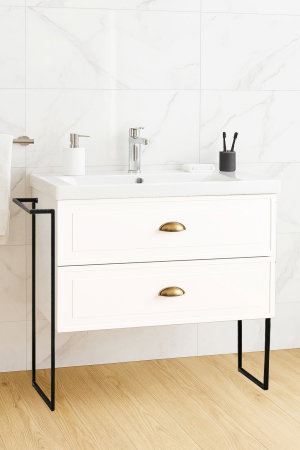 Mobilier Baie - Set Baza front MDF si Lavoar seria 796, cu sertare, cadru metalic, montat, 80 cm, alb rustic