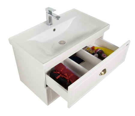Mobilier Baie - Set Baza front MDF si Lavoar seria 796, cu sertare, cadru metalic, montat, 80 cm, alb rustic