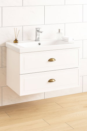 Mobilier Baie - Set Baza front MDF si Lavoar seria 796, cu sertare, cadru metalic, montat, 80 cm, alb rustic