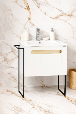 Mobilier Baie - Set Baza front MDF si Lavoar seria 032, cu sertar, cadru metalic, montat, 60 cm, alb + sonoma