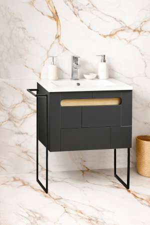 Mobilier Baie - Set Baza front MDF si Lavoar seria 032, cu sertar, cadru metalic, montat, 60 cm, antracit + sonoma