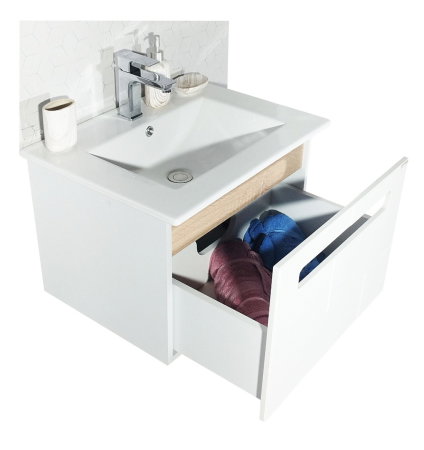 Baza cu Lavoar - Set Baza front MDF si Lavoar seria 032, suspendata, cu sertar, montat, 60 cm, alb + sonoma