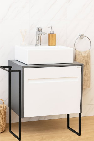 Mobilier Baie - Set Baza front MDF si Lavoar seria 401, cu sertare, cadru metalic, montat, 60 cm, antracit