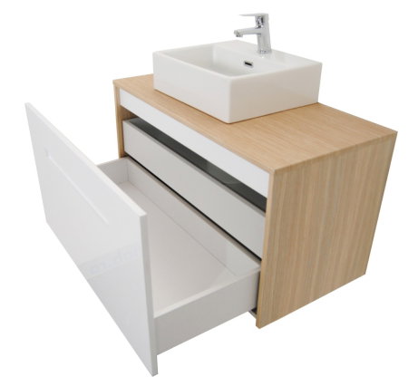 Mobilier Baie - Set Baza front MDF si Lavoar seria 401, cu sertare, cadru metalic, montat, 90 cm, fag