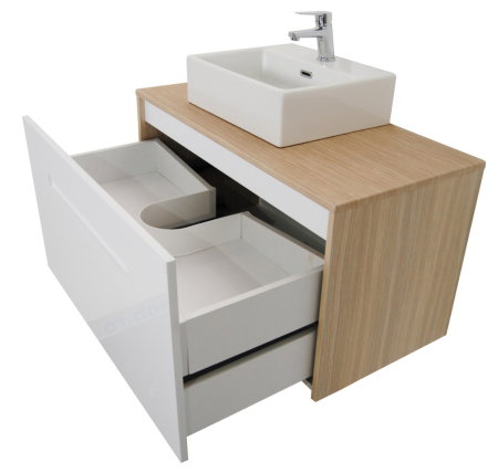 Set Baza front MDF si Lavoar seria 401, cu sertare, cadru metalic, montat, 90 cm, fag [4]