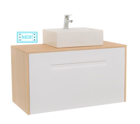 Mobilier Baie - Set Baza front MDF si Lavoar seria 401, cu sertare, cadru metalic, montat, 90 cm, fag