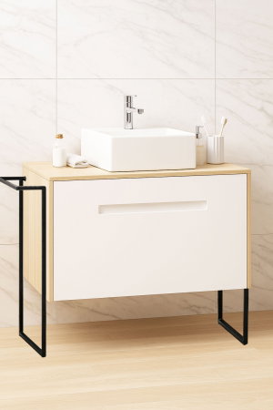 Mobilier Baie - Set Baza front MDF si Lavoar seria 401, cu sertare, cadru metalic, montat, 90 cm, fag