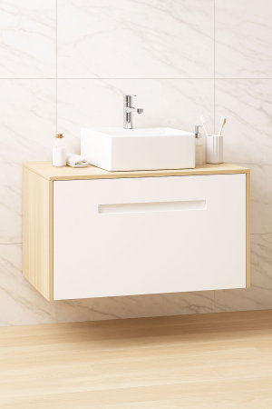 Mobilier Baie - Set Baza front MDF si Lavoar seria 401, cu sertare, cadru metalic, montat, 90 cm, fag