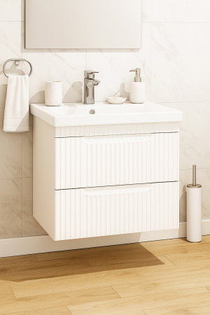 Mobilier Baie - Set Baza front MDF si Lavoar seria 733, suspendata, cu sertare, montat, 60 cm, alb rustic