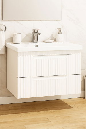 Mobilier Baie - Set Baza front MDF si Lavoar seria 733, suspendata, cu sertare, montat, 80 cm, alb rustic