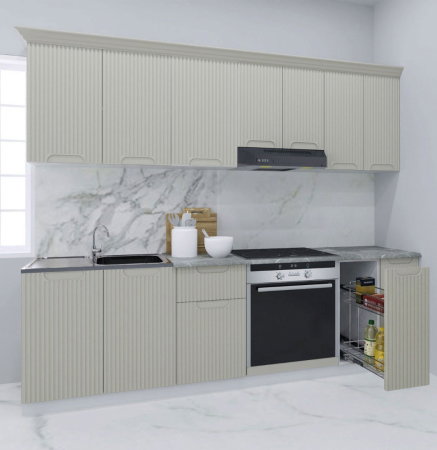Produs în România - Set bucatarie SPACE 240 cm, 9 corpuri, corp cuptor, corp Jolly, blat termorezistent, fronturi MDF, crem