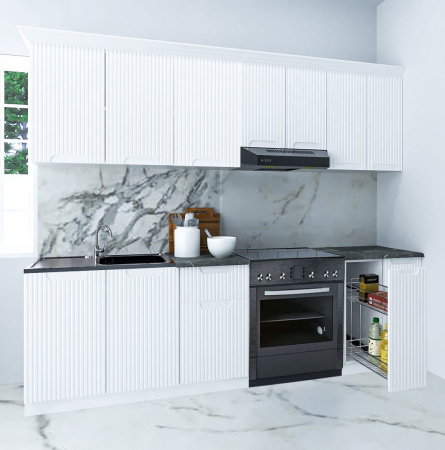 Bucatarii Moderne - Set bucatarie SPACE 240 cm, 8 corpuri, corp Jolly, blat termorezistent, fronturi MDF, alb rustic