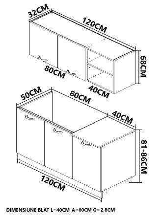 Produs în România - Set bucatarie SQUARE 120 cm, 2 corpuri, blat termorezistent, fronturi MDF, stejar antichizat