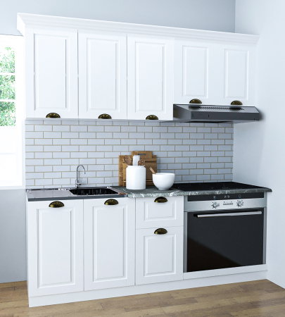 Bucatarii Clasice - Set bucatarie SQUARE 180 cm, 6 corpuri, corp cuptor, blat termorezistent, fronturi MDF, alb rustic