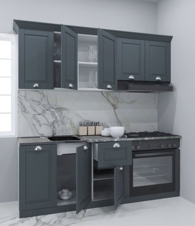 Produs în România - Set bucatarie SQUARE 180 cm, 6 corpuri, corp cuptor, blat termorezistent, fronturi MDF, antracit
