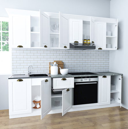 Bucatarii Clasice - Set bucatarie SQUARE 240 cm, 8 corpuri, corp cuptor, blat termorezistent, fronturi MDF, alb rustic