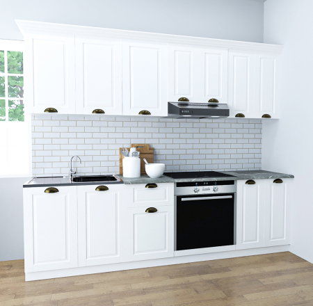 Bucatarii Clasice - Set bucatarie SQUARE 240 cm, 8 corpuri, corp cuptor, blat termorezistent, fronturi MDF, alb rustic