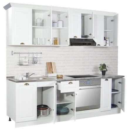 Bucatarii Clasice - Set bucatarie SQUARE 240 cm, 8 corpuri, corp cuptor, blat termorezistent, fronturi MDF, alb rustic