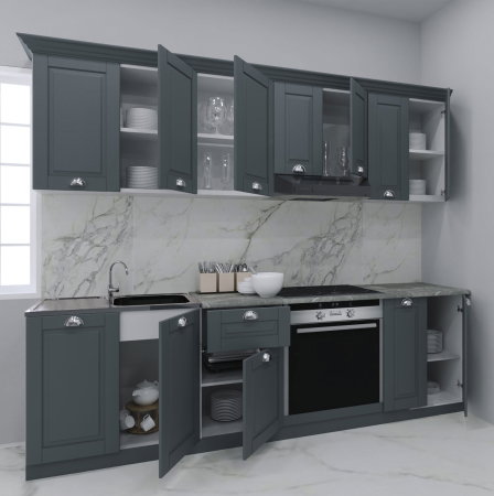 Produs în România - Set bucatarie SQUARE 240 cm, 8 corpuri, corp cuptor, blat termorezistent, fronturi MDF, antracit