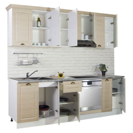 Bucatarii Clasice - Set bucatarie SQUARE 240 cm, 8 corpuri, corp cuptor, blat termorezistent, fronturi MDF, fag