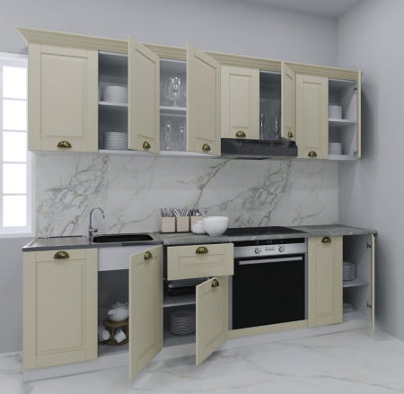 Bucatarii Clasice - Set bucatarie SQUARE 240 cm, 8 corpuri, corp cuptor, blat termorezistent, fronturi MDF, fag