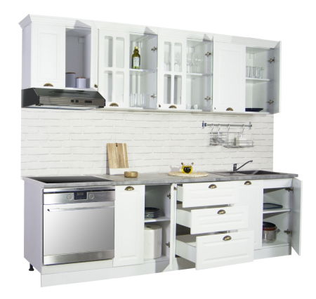 Bucatarii Clasice - Set bucatarie SQUARE 260 cm, 8 corpuri, corp cuptor, blat termorezistent, fronturi MDF, alb rustic