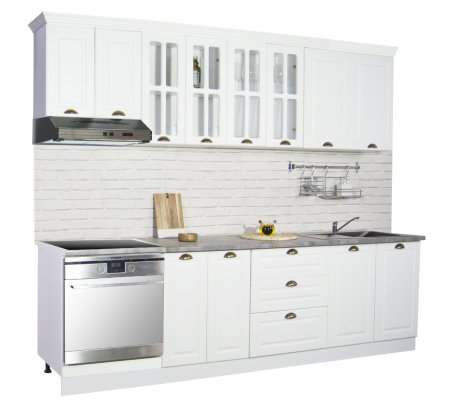 Bucatarii Clasice - Set bucatarie SQUARE 260 cm, 8 corpuri, corp cuptor, blat termorezistent, fronturi MDF, alb rustic