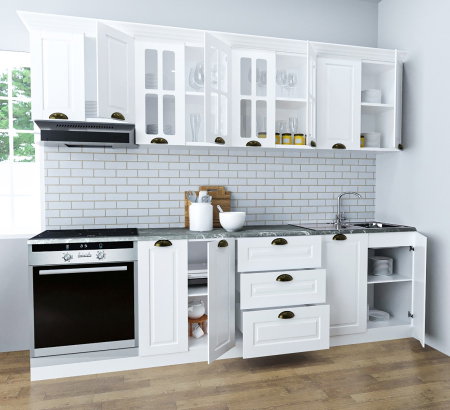 Bucatarii Clasice - Set bucatarie SQUARE 260 cm, 8 corpuri, corp cuptor, blat termorezistent, fronturi MDF, alb rustic