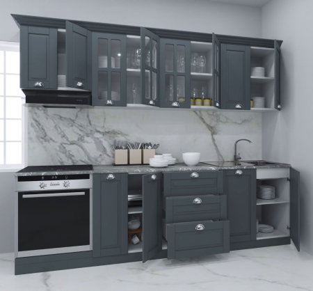 Produs în România - Set bucatarie SQUARE 260 cm, 8 corpuri, corp cuptor, blat termorezistent, fronturi MDF, antracit