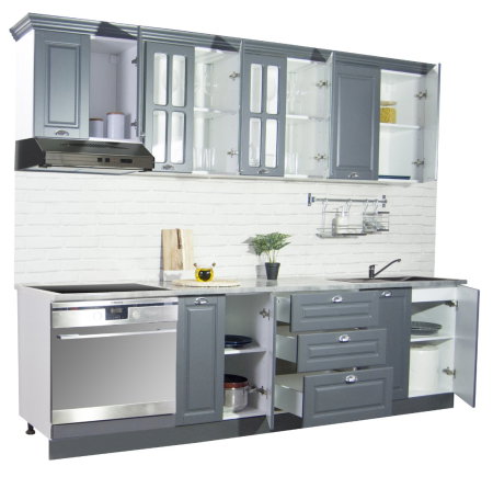 Produs în România - Set bucatarie SQUARE 260 cm, 8 corpuri, corp cuptor, blat termorezistent, fronturi MDF, antracit