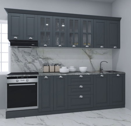 Produs în România - Set bucatarie SQUARE 260 cm, 8 corpuri, corp cuptor, blat termorezistent, fronturi MDF, antracit